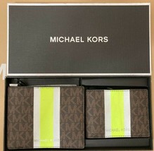 Michael Kors Billfold Wallet Box Set Brown Neon Green Logo 36H1LGFF1B NIB FS - £51.41 GBP