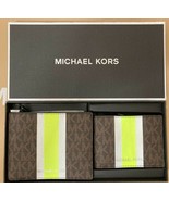 Michael Kors Billfold Wallet Box Set Brown Neon Green Logo 36H1LGFF1B NI... - £51.35 GBP