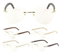 Rimless Metal Faux Wood Pilot Aviator Sunglasses Clear Lenses Retro Designer Vtg - £7.82 GBP