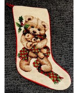 Vintage Needlepoint Christmas Holiday Stocking Teddy Bear Red Velvet Bac... - $26.95