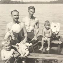 Family on Boat Lake Fishing Photo BW Vintage Photograph Snapshot Vacatio... - $9.95