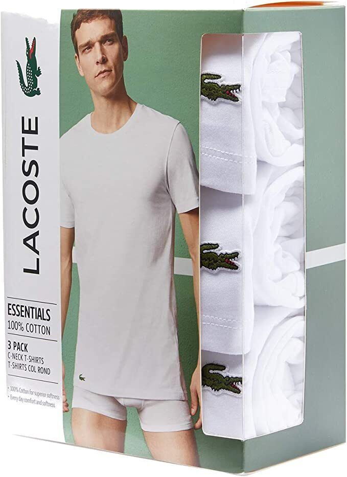 Lacoste Hommes Essentials 3 Pk Standard Moulant Col Rond T-Shirt Blanc TH3451-51