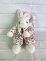 VTG Fiesta Easter White Bunny Rabbit Plush Stuffed Animal Floral Outfit Bow 1994 - £22.15 GBP