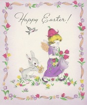 Vintage Easter Card Girl Bunny Rabbit Tulips 1945 Gibson Glitter - £7.01 GBP