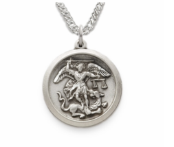 Sterling Silver Round St. Michael Medal Necklace &amp; Chain - £95.91 GBP