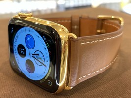 CUSTOM 24K Gold Plated 44mm Apple Watch Series 6 Stainless Steel Case Brown Band - £1,077.74 GBP