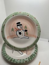 2 Snowman 10.5&quot; Dinner Plates Christmas by Holiday Traditions, Pink gree... - £16.38 GBP
