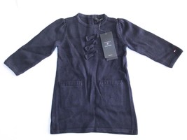 Tommy Hilfiger Dark Blue Navy Knit Dress Size 18M Bows Pocket Logo 100% Cotton - £13.75 GBP