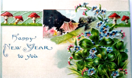 New Years Day Postcard Mushrooms Clover Patch Flowers Cottage United Art... - £14.59 GBP