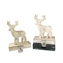 2 Deer Stocking Holder The Christmas Shoppe White Washed Wood Rustic Hanger - $35.63