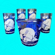 Vintage Hazel Atlas Cobalt Blue Windmill Drink Set Ice Bucket &amp; 4 Glasses - $39.74