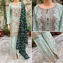 Pakistani Light Green Straight Style Embroidered Sequins Chiffon Gharara... - £97.77 GBP
