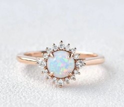 Natural Opal Engagement Ring, 14K Rose Gold Plated Flower Shape Wedding Ring - £50.89 GBP