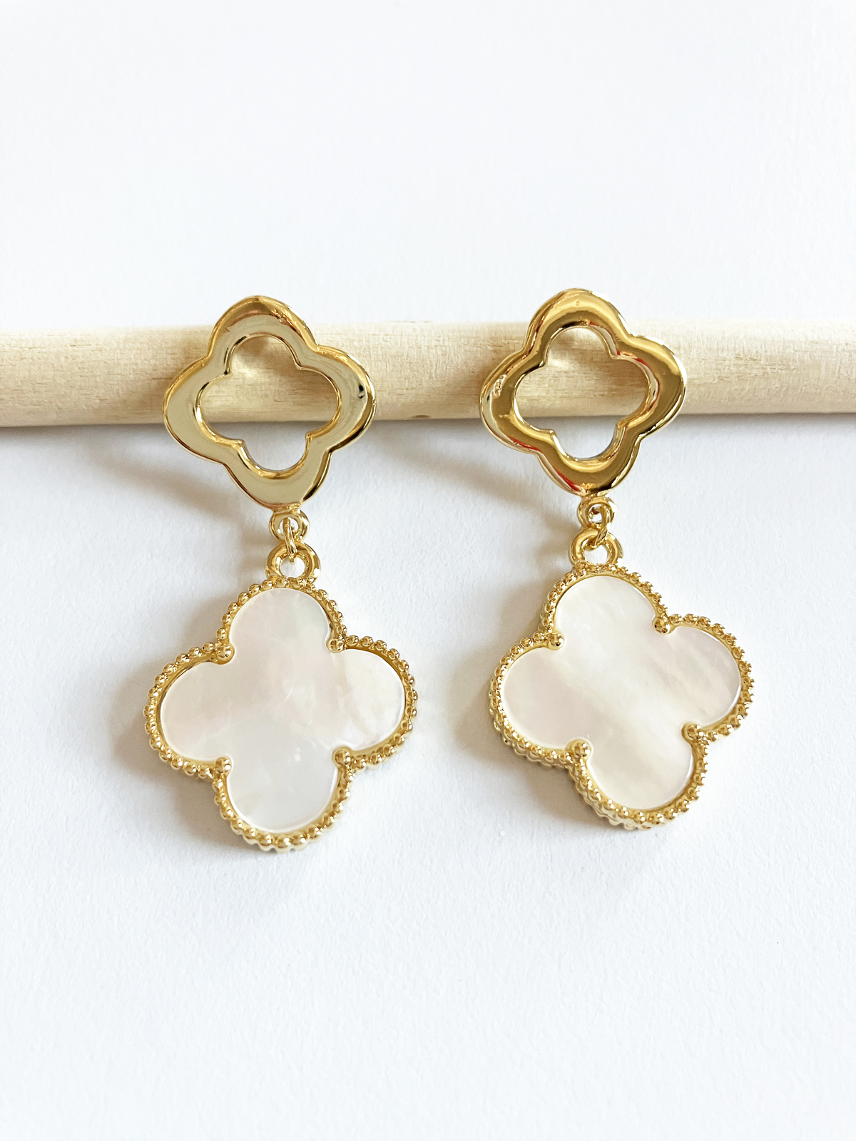 Gold Openwork and Mother of Pearl Quatrefoil Double-drop Earrings - $55.00