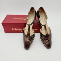 Vtg Salvatore Ferragamo Brown Leather T-Strap Mary Jane Pumps Size 9.5 AAA ITALY - £37.54 GBP