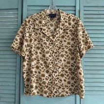 Laura Scott Button Up Shirt Blouse ~ Sz XL ~ Beige &amp; Brown ~ Short Sleeve - £17.62 GBP