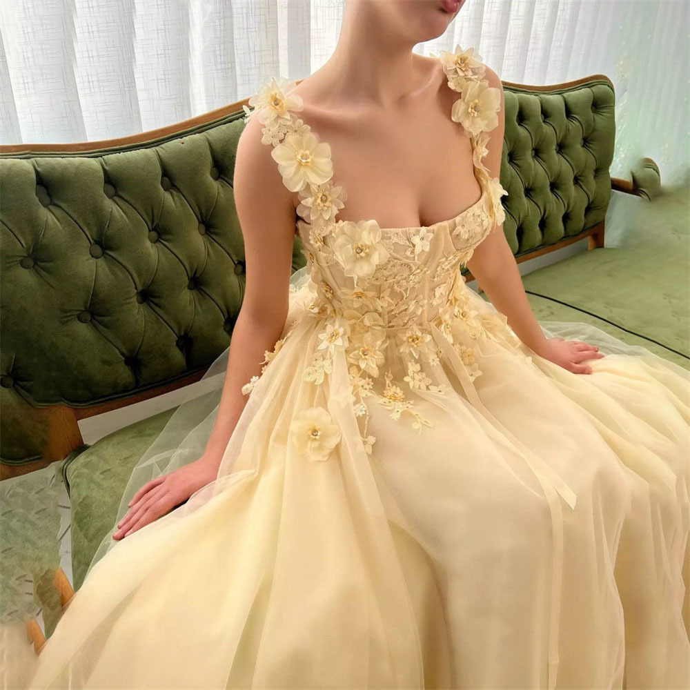 Strapless  Spaghetti Tulle Exquisite Flowers Evening Dresses wedding dress