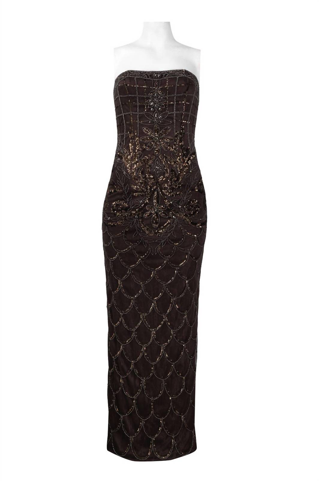 Sue Wong strapless beaded scalloped evening dress in CHOCOLATE