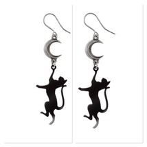 Alchemy Gothic E468 Feline Moondream Earrings Black Cat Silver Moon - £36.76 GBP