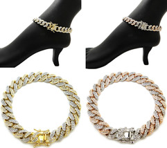 New Iced Bling Women&#39;s Fashion Anklet 12mm 2 Tone Box Lock Cuban Chain Anklet  - £18.94 GBP