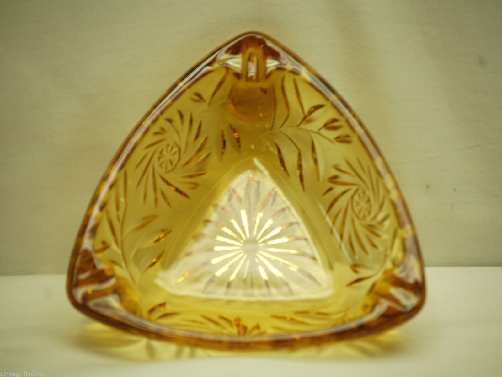Old Vintage Hazel Atlas Ashtray Pinwheel Design Triangle Amber Gold Smoking Tool - $14.84