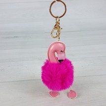 Pink Flamingo Keychain Key Ring w Poof Ball Faux Fur Body 7&quot; Dangle Legs... - $9.69