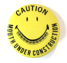 Vtg Mouth Under Construction Braces Dentist Dental Work Button Pin Yello... - $9.00