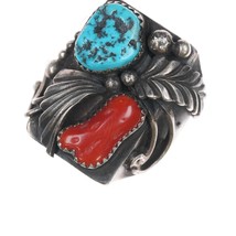 sz13.5 Lee Wesley Navajo sterling, turquoise, and coral ring - $222.75