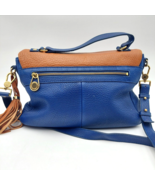 Isaac Mizrahi Signature Crossbody Handbag Blue/Brown Pebbled Leather Tassel - £38.06 GBP