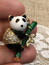 Lot Of Two Panda Bear Pin Bamboo Gold Tone Crystal Accents Multi Colors &amp; Bird - £13.39 GBP