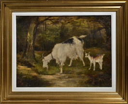 Animal Scene Goat with Kid in Forest 19th Century Oil Painting Unsigned Framed - £471.53 GBP