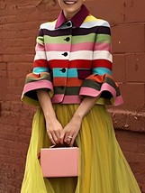 Yeezzi Female Vintage Flared Sleeves Multi-Colored Striped Lapel Elegant Jackets - £58.96 GBP