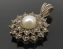 925 Sterling Silver - Vintage Petite Pearl &amp; Marcasite Flower Pendant - PT10974 - £22.61 GBP
