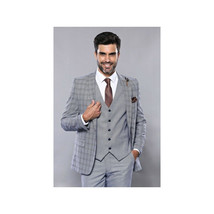 Men 3pc Vest Suit WESSI by J.VALINTIN Extra Slim Fit JV42 Blue Plaid TURKEY USA image 3