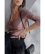 Old Rose Gathered Bust Square Neck Ribbed Fit Long Sleeve Top - $17.35 CAD