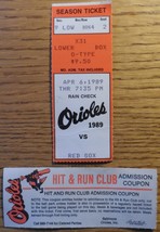 Baltimore Orioles 2 Ticket Stubs 1989 vs Red Sox + Hit and Run Club Admission - £3.52 GBP