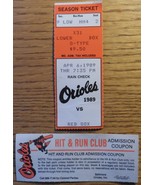 Baltimore Orioles 2 Ticket Stubs 1989 vs Red Sox + Hit and Run Club Admi... - $6.17 CAD