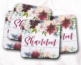 Burgundy Floral Coasters, Personalized Table Decor, Small Coworker Gifts, Custom - £4.00 GBP