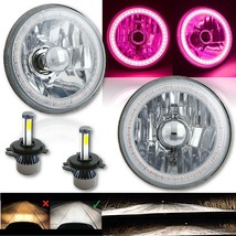 5-3/4&quot; Pink SMD LED Halo Angel Eye H4 Headlight w/ 6k 20/40w LED Light Bulb Pair - £131.88 GBP