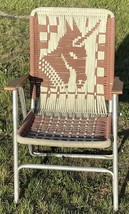 Vintage Woven Yarn Macrame Lawn Chair Unicorn Design w/ Rust &amp; Wear Brown Tan - £70.07 GBP
