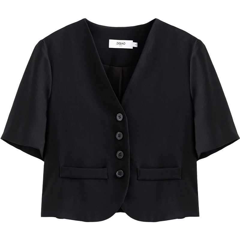 ZIQIAO Women Summer Thin Front Shoulder Short Suit Japanese V Neck Short Sleeve  - £180.99 GBP