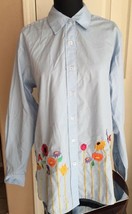 The Quacker Factory Embellished Flower Long Sleeve Blue Button Up Shirt ... - £15.81 GBP