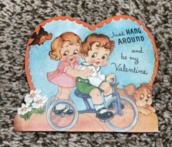 Vintage Valentines Day Card Boy Girl on Tricycle Dog Just Hang Around - $108.04 MXN