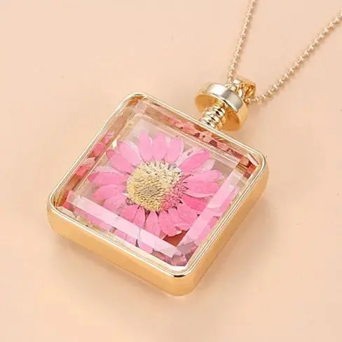 Coral Floral Big Wildflower Necklace - Handmade Square Glass Pendant, Pe... - $504.99 MXN