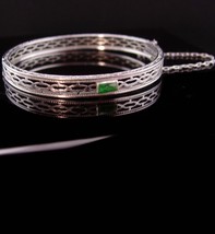 art deco bracelet / May birthstone green stone / Signed Vintage rhodium ... - £75.33 GBP