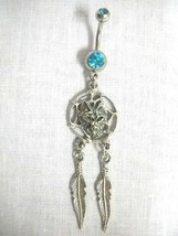 Wolf Head Dream Catcher W 2 Dangling Feathers 14g Turquoise Blue Cz Belly Ring - £11.18 GBP