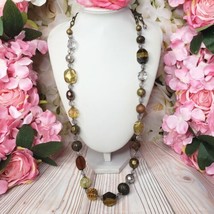 Premier Designs Lucite &amp; Tiger&#39;s Eye Beaded Long Brass Tone Fashion Necklace - £14.85 GBP