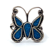 Vintage Southwestern Sterling Silver Crushed Turquoise Butterfly Ring Size 6.25 - £26.75 GBP