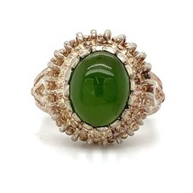 Vtg Sterling Etruscan Filigree Jade Cabochon Solitaire Ring Band 5     See Video - £51.87 GBP