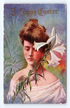 Art Nouveau Woman w Lilies Flowers Happy Easter UNP Unused DB Postcard O5 - £10.08 GBP